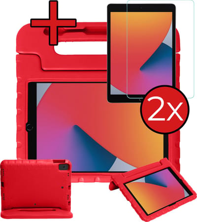Hoesje - Geschikt voor Apple iPad 7/8 (2019/2020) - 10.2 inch - 7e/8e Generatie - Met 2x Screenprotector - Kinderhoes - Shockproof Bumper - Kidsproof Case - Tablethoes - Kinder Hoes Cover - Rood