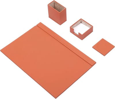 Lederen Bureauset ORANGE -Wit Gestikt-4 Accessoires-Bureau Accessoires- Voor Kantoor-Bureau Accessoires-Office Organizer-Bureau Pad - Bureau Organizers En Accessoires