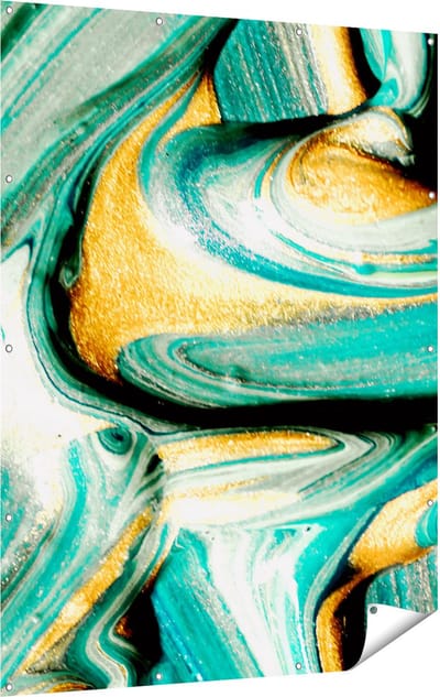 Gards Tuinposter Abstracte Kunst - Groen met Gouden Verf - 120x160 cm - Tuindoek - Tuindecoratie - Wanddecoratie buiten - Tuinschilderij