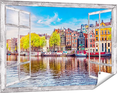 Gards Tuinposter Doorkijk Amsterdamse Huisjes aan het Water - 120x80 cm - Tuindoek - Tuindecoratie - Wanddecoratie buiten - Tuinschilderij