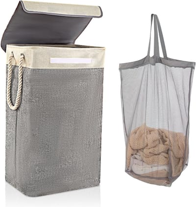 Wasmand met deksel, 84 liter, opvouwbare waszak met waszak en touwgreep, groot, geschikt voor slaapkamer, bijkeuken, badkamer, 68 x 42 x 31 cm, beige + grijs