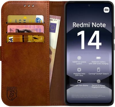 Rosso Element Geschikt voor Xiaomi Redmi Note 14 4G | Wallet Book Case | Portemonnee Hoesje | 3 Pasjes | Magneetsluiting | Stand Functie | Bruin