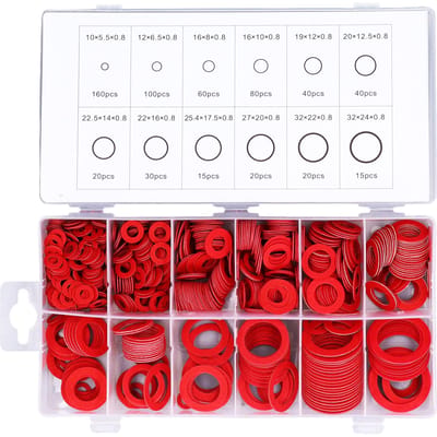 Assortiment van 600 platte ringen, isolatie, gelegeerd staal, papiervezel, afdichtingspakking, verschillende maten