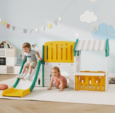 MEUNIQ 7-in-1 kinderglijbaan met speelhuis, klimwand, tunnel, telescoop, tekenbord en basketbalring, indoor speeltoestel van kunststof voor kinderen 1-4 jaar, geel