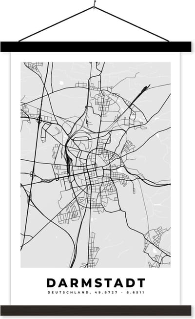 Posterhanger incl. Poster 40x60 cm - Schoolplaat - Kaart - Darmstadt - Duitsland - Stadskaart - Plattegrond - Textielposter - Zwarte latten - Stadskaart