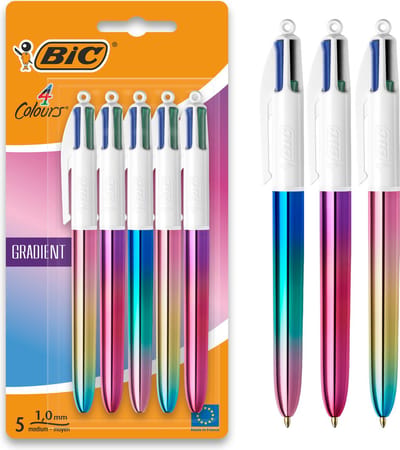 BIC 4 Kleuren Gradient Balpennen voor School en Kantoor - Klikmechanisme - Pennen - Balpen - Pennen - Blauw, Zwart, Rood, Groen - 5 Stuks