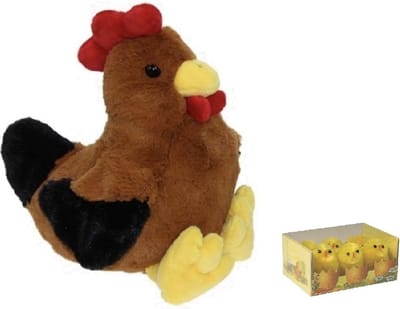 Decoris Pluche bruine kippen knuffel - 25 cm - met 6x stuks mini kuikentjes 3.5 cm - Paas/pasen decoratie