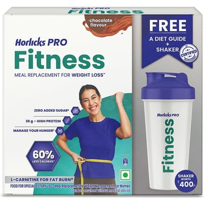 Horlicks PRO Fitness Chocolade Maaltijdvervangende Shake 400g BIB Hoog Eiwit Vezels Laag Calorieën Gratis Shaker