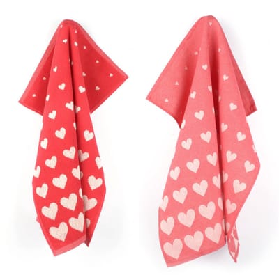 Luxe Keukendoek en Theedoek Hearts Rood Bunzlau Castle - 100% biologisch katoen - Keukendoek 60x53cm en Theedoek 65x65cm