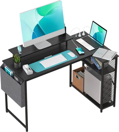 100cm hoekcomputerbureau, L-vormig bureau met opbergplank en geïntegreerde stroomvoorziening, voorzien van zijvakken en monitorbevestiging, geschikt voor kantoren, studeerkamers, slaapkamers, woonkamers en kinderkamers