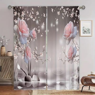Élégantes fleurs roses - rideaux imprimés, sac à pôle décoration de la maison, décoration de pièce 14Wx39L(35x100CM)x2 gray