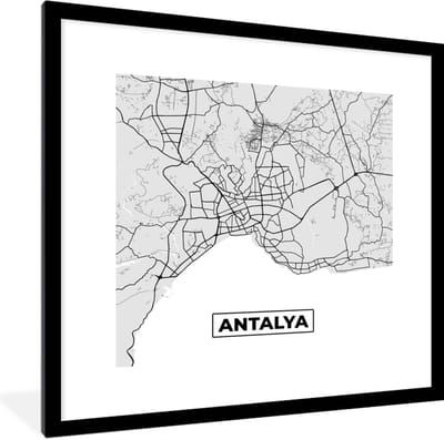 Fotolijst incl. Poster Zwart Wit- Antalya - Stadskaart - Plattegrond - Zwart Wit - Kaart - 40x40 cm - Posterlijst