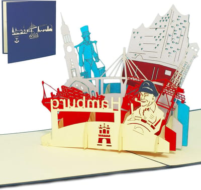 3D Pop-up Kaart - Wenskaart Reisvoucher - Cadeau Geven - Met Hamburg Skyline - 115 x 17 cm - Rood