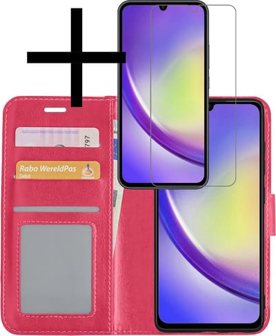 Hoesje - Met Screenprotector - Geschikt voor Samsung Galaxy A34 - Luxe Pasjeshouder - Bookcase Portemonee - Flip Case - Kunstleer Book Case - Flipcase - Book Cover - Walletcase - Portemonneehoes - Donkerroze
