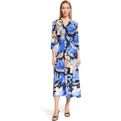 Midi-jurk van slinky-jersey met plooi - blauw / beige - Gr. 38 van Goldner Fashion