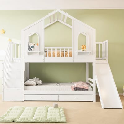 MODENUIT Kinderstapelbed 90x200 cm – Met Glijbaan en Opbergtrap – Met Laden en Huisvormig Frame – Zonder matras – Wit