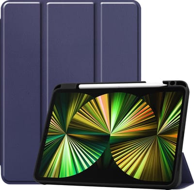 Hoesje - Geschikt voor Apple iPad Pro (2021) - 12.9 inch - Dun & Stevig - Trifold Bookcase - Hard Cover Case - Met Uitsparing Geschikt voor Apple Pencil - Hardcover Book - Tablet Hoes - Donkerblauw