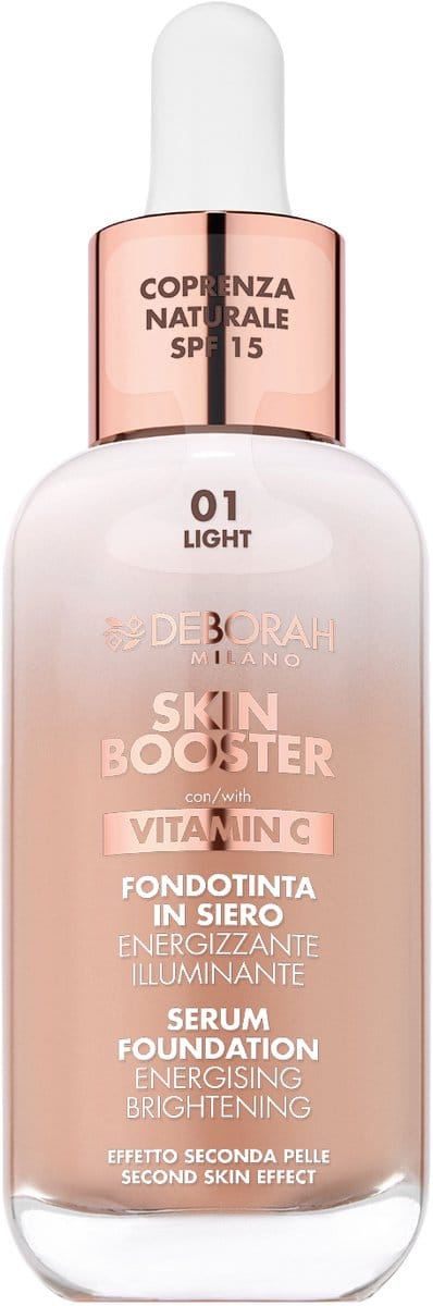 Deborah Milano Skin Booster Serum Foundation – Kleur 01 Light – Ultralichte Vloeibare Foundation Met Vitamine C – Egaliseert Teint Voor Natuurlijke “Second Skin” Finish – Hydratatie & Stralende Huid - 30 ML