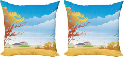 ABAKUHAUS Decoratieve kussenhoezen 'Fallen', 2-pack, Herfstvelden, Boom, Boerderij, Modern accent, Dubbelzijdige digitale print, 50x50 cm, Meerkleurig