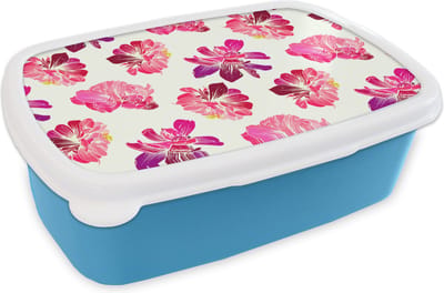 Broodtrommel Blauw - Lunchbox - Brooddoos - Bloemen - Roze - Patroon - 18x12x6 cm - Kinderen - Jongen