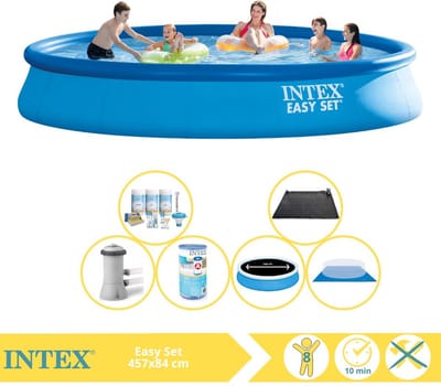 Intex Rond Opblaasbaar Easy Set Zwembad - 457 x 84 cm - Blauw - Inclusief Pomp - Solarzeil - Onderhoudspakket - Filter - Grondzeil - Solar Mat - 7-delig