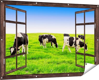 Gards Tuinposter Doorkijk Kudde Koeien in de Wei - Hemel Blauwe Lucht - 150x100 cm - Tuindoek - Tuindecoratie - Wanddecoratie buiten - Tuinschilderij