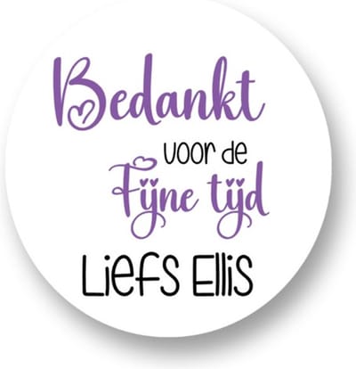 20x Sluitsticker Bedankt voor de fijne tijd - Paars Afscheid - Sticker met naam - Cadeausticker - Sluitsticker - Rond - 40mm - 20 stuks - Wensetiket - Afscheid - Basisschool - Uitdelen - Traktatie - Uitdeeltraktatie - Collega