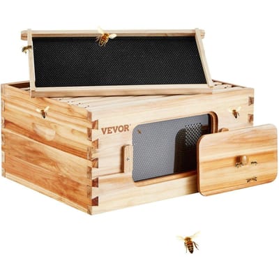 Kit de démarrage Ruche Boîte Profonde, Bois de Cèdre Naturel Revêtu à 100% de Cire d'Abeille, Kit Ruche Langstroth avec 10 Cadres et Cires, Abeille Acrylique Transparente