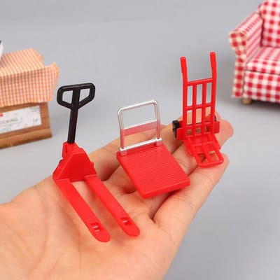 3 stuks 1:12 Poppenhuis Miniatuur Karren Trolleys Trappenklimmers Mini Buitenkarren Heftruck Verhuisgereedschap Model Scène Decoratie Speelgoed rood