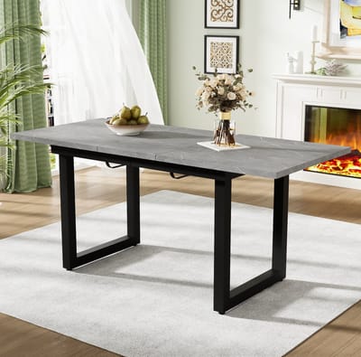 DESMIU Uitschuifbare Eettafel - Industrieel Design Met Betonlook En Zwart - Voor Eetkamer En Ontvangstruimte - MDF - Grijs Zwart - 140 Tot 180 X 80 X 75 Cm