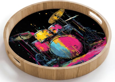 Dienblad rond 40x40 cm - Schootdienblad hout - Drumstel - Kleurrijk - Verf - Levendig - Borrelplank rechthoek - Plateau houten dienbladen