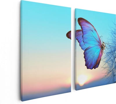 Artaza Canvas Schilderij Tweeluik Blauwe Vlinder Bij Paardenbloemen  - 80x60 - Foto Op Canvas - Canvas Print