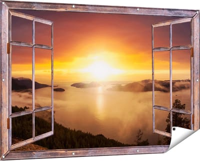Gards Tuinposter Doorkijk Zonsondergang in de Bergen met Wolken - 150x100 cm - Tuindoek - Tuindecoratie - Wanddecoratie buiten - Tuinschilderij