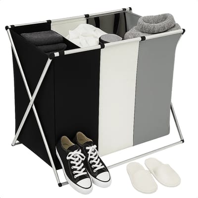Lomera Wasmand 3 Vakken - Wassorteerder - Aluminium En Katoen - Afneembare Waszak - Draaghengsel - Insteekvakken - Laundry Basket - Wasmand Met Klittenbandsluiting
