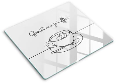 Wallfluent Glazen Snijplanken - Koffie, Lekker kopje koffie! Snijplanken Glas - 60 cm x 52 cm - Wit Snijplanken van Glas - Glazen Serveerplank - Snijplank van Glas met Print - Antislip Keuken Snijplank Glas