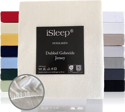 iSleep Dubbel Gebreide Jersey Hoeslaken - Hoge Hoek - Rondom Elastiek - Eenpersoons - 80/90x200 cm - Licht Beige
