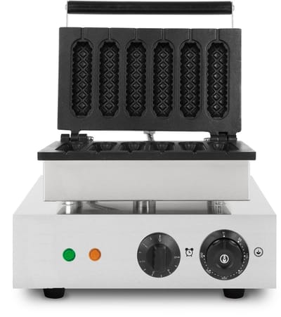 VERTES Wafelijzer op een stokje, 6 wafels tegelijk, 120 per uur, instelbare temperatuur van 0°-300°C, Teflon-gecoat gietijzeren wafelijzer met roestvrijstalen behuizing, 1550 watt, timerfunctie, hittebestendige handgreep