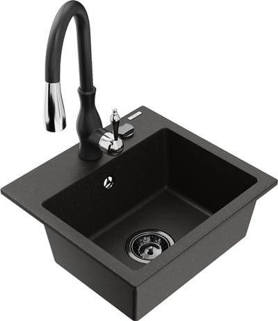 Mexen Milo granieten enkelbak gootsteen met keukenmengkraan Savita, zwart/goud metallic- 6505-75-672601-70-B