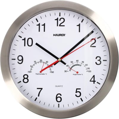 Analoge Wandklok 30 cm met Thermometer en Hygrometer - XL Stalen Frame
