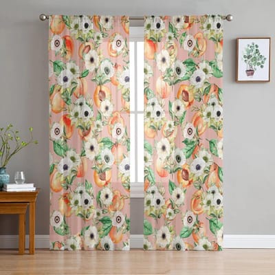 Zomer Honing Perzik Camelia Kruidnagel Slaapkamer Transparante Dunne Gordijnen Vakantiedecoratie Raam Voile Tule Gordijn 135W x 114H(cm) beige