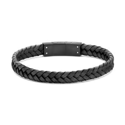 Frank 1967 7FB-0853 – Heren Armband – Gevlochten Leren Armband – Zwart Leer – Zwart Staal – 21 cm – Cadeau voor Mannen