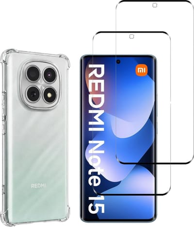 Hoesje geschikt voor Xiaomi Redmi Note 15 4G / Xiaomi Redmi Note 15 5G backcover Shockproof siliconen Transparant en 2 stuks Screenprotector Gehard Glas