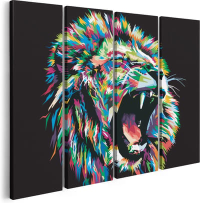 Artaza Canvas Schilderij Vierluik Gekleurde Leeuw - Leeuwenkop - Abstract - 160x120 - Groot - Foto Op Canvas - Canvas Print
