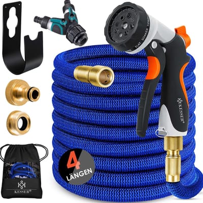 KESSER® Premium Tuinslang flexibel 22,5 meter - uitrekbare Tuinslang inclusief aansluitingen, Ophanghaak en Sproeikop - Blauw