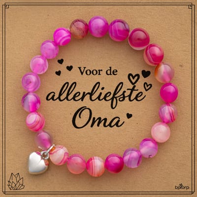 Bixorp Gekleurde Roze Agaat Armband op Cadeau Kaartje - Met Hartje Hanger - Voor de Allerliefste Oma - 8mm / 18cm Natuursteen Kralenarmband - Inclusief Cadeau Envelop