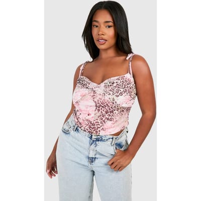 boohoo Dames Plus Faded Luipaardprint Mesh Tie Shoulder Korsett Top | Bruin | Maat: 54
