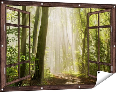 Gards Tuinposter Doorkijk Bos met Bomen en Zonneschijn - 120x80 cm - Tuindoek - Tuindecoratie - Wanddecoratie buiten - Tuinschilderij