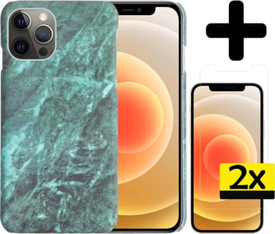Hoesje Geschikt voor iPhone 12 Pro Hoesje Marmer Case Hard Cover Met 2x Screenprotector - Hoes Geschikt voor iPhone 12 Pro Case Marmer Hoesje Backcover - Groen
