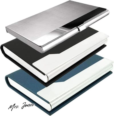 Mrs. Jones 3-pak professionele visitekaartjeshouders - roestvrij staal PU-leer - magnetische sluiting - Heren Dames - Zwart Blauw Zilver .
