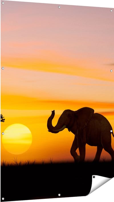 Gards Tuinposter Olifant Silhouet tijdens Zonsondergang - 100x150 cm - Tuindoek - Tuindecoratie - Wanddecoratie buiten - Tuinschilderij